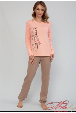 Бавовняна піжама з принтом котики на джемпері Роксана 1297/082 2XL, 3XL